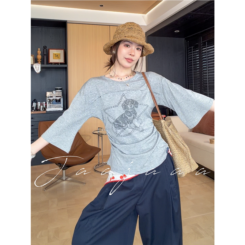Jaajaaa Cool Breeze in the Arms, Cool and Sweet Bell-Sleeve T-Shirt with Puppy Print, Refreshing and Comfortable Tencel Cotton Short-Sleeve T-Shirt Jaajaaa Cool Breeze in the Arms, Cool and Sweet Bell-Sleeve T-Shirt with Puppy Print, Refreshing and Comfortable Tencel Cotton Short-Sleeve T-Shirt
