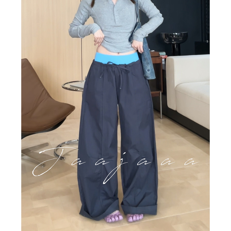 Jaajaaa Casual Streetwear Pants with a Stylish Color-Blocking Double Waistband, Loose Straight Fit, Slimming Paratrooper Style Casual Pants/Fdcc