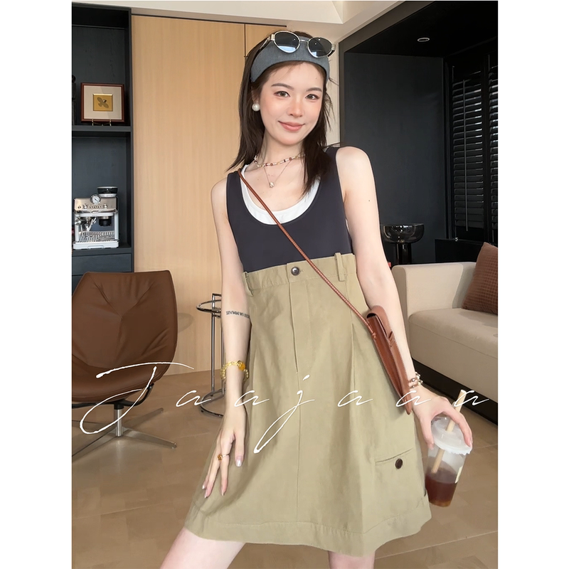 Jaajaaa Songjian Wanhe Korean Retro Style Patchwork Faux Two-Piece Elegant Age-Reducing Sleeveless Tank Dress