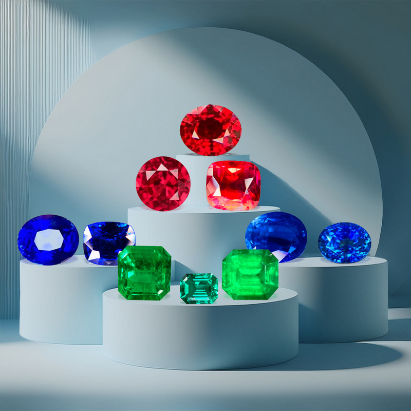 Xinshiyuan Royal Blue Sapphire, Pigeon Blood Red Ruby, Colombian Emerald, Hot Pink Jedi Spinel