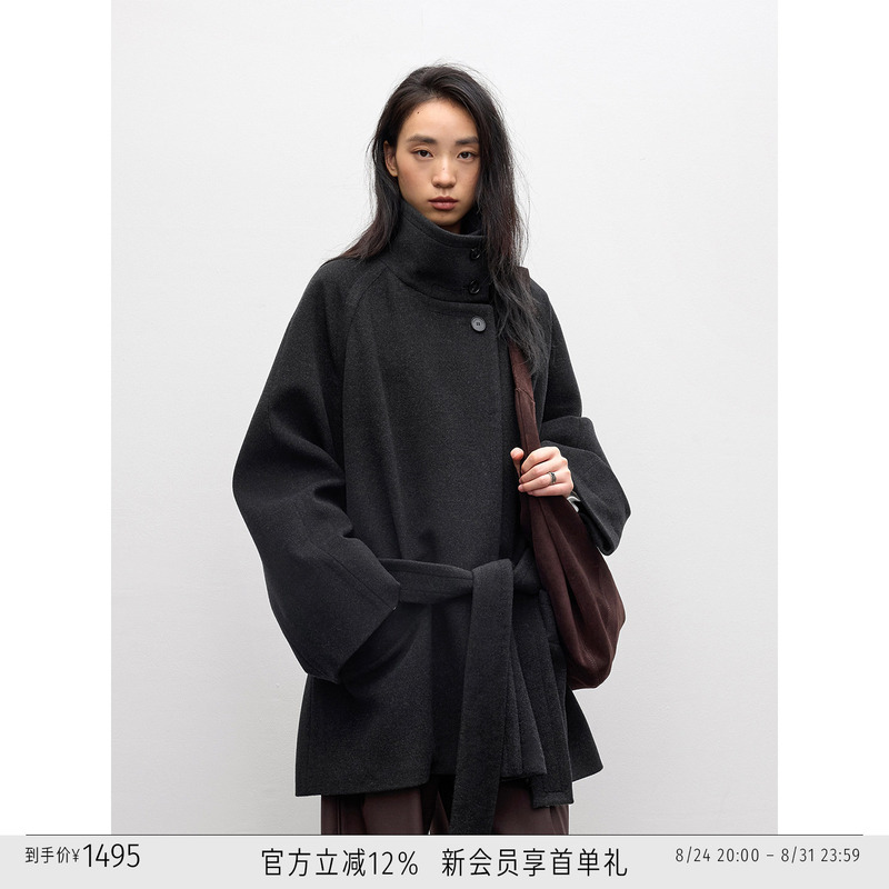 Randompiece Autumn and Winter New Product Alpaca Wool Blend Stand Collar Silhouette Wide Cuff Short Wool Coat