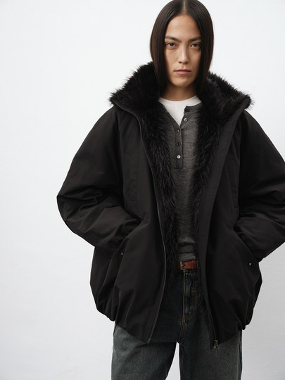 Randompiece24 New Product Eco-Friendly Fur Patchwork down Parka with Ruffled Hem Design