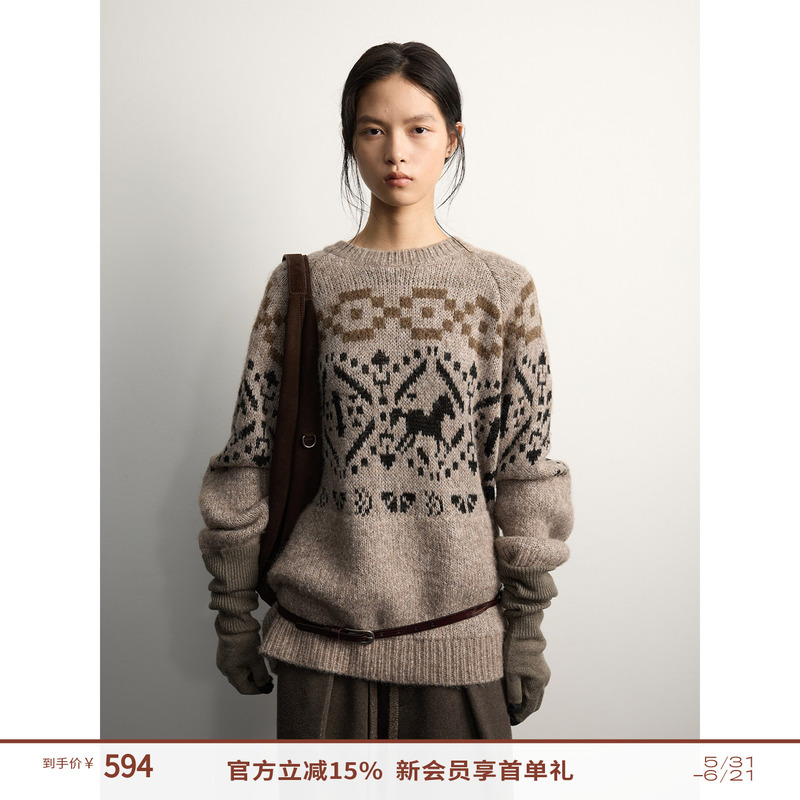 Randompiece25 Winter New Product Alpaca Wool Blend Partial Jacquard Design Round Neck Knitted Wool Sweater