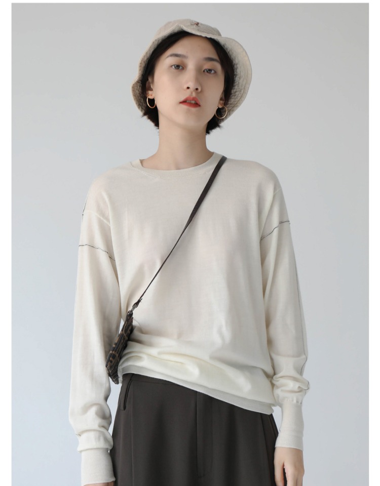 [RandomPiece2018FW] Đức worsted len đầy đủ tương phản inlay lỏng vòng cổ áo thun áo len ao len nu