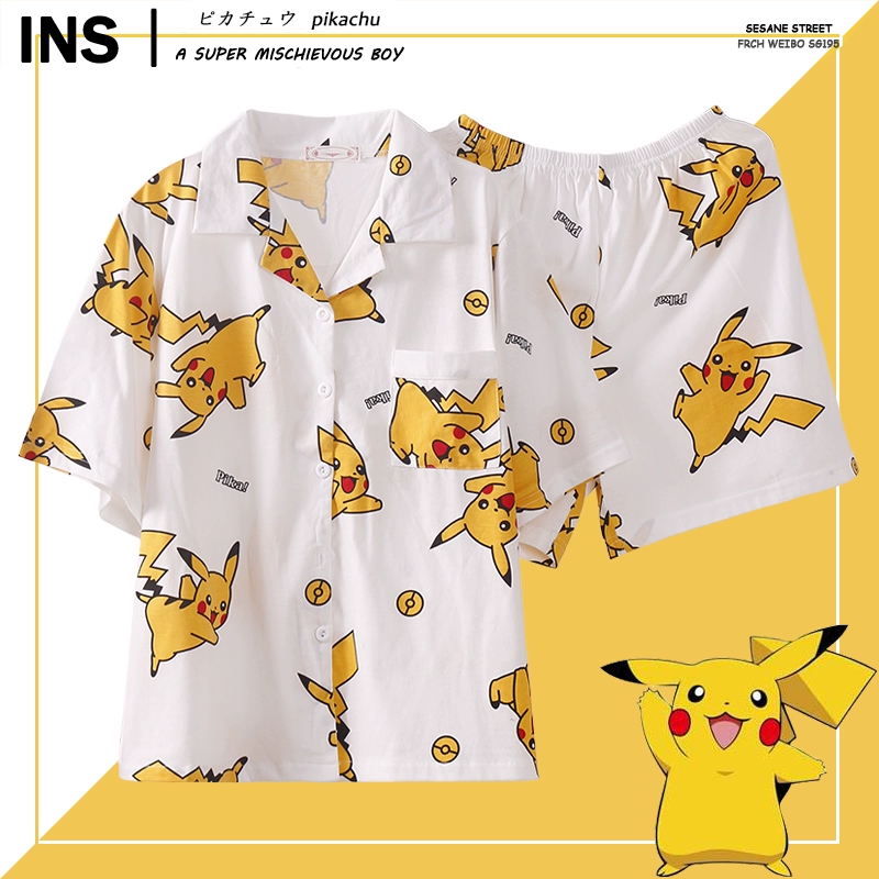 Đồ ngủ cô gái Pikachu Nhật Bản dễ thương trong thủy triều lưới màu đỏ mùa hè ngắn tay nam giới cotton mỏng vài dịch vụ tại nhà - Giống cái