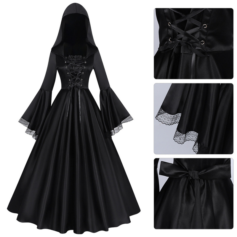 Medieval Witch Dark Gothic Hooded Long Dress European and American Plus Size Renaissance Ball Halloween Cosplay Costume