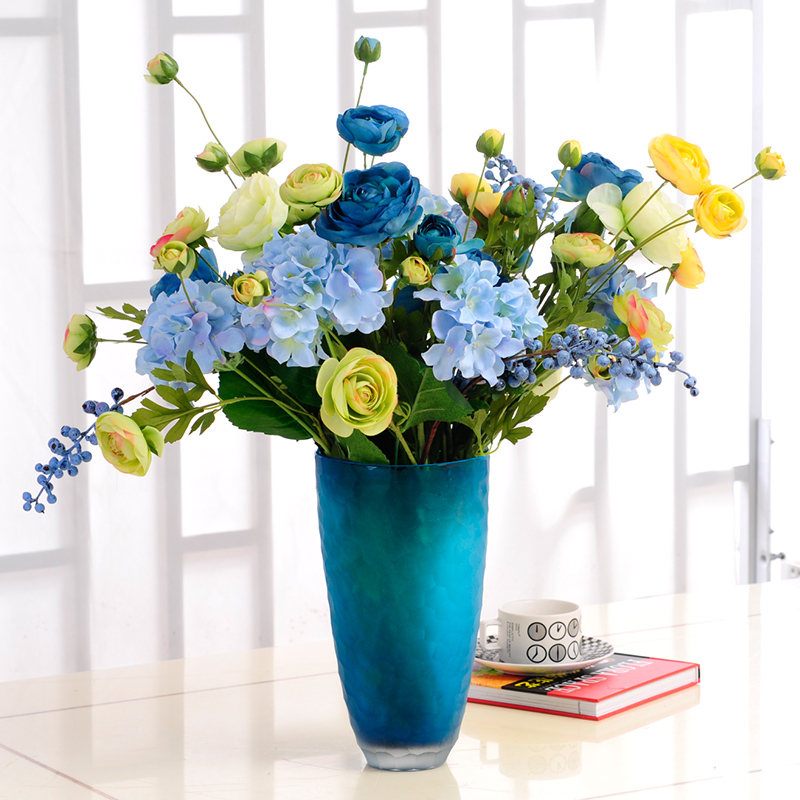 Blue glass vase fitted embroidery flower silk flower decoration living room cosmetic room dining room