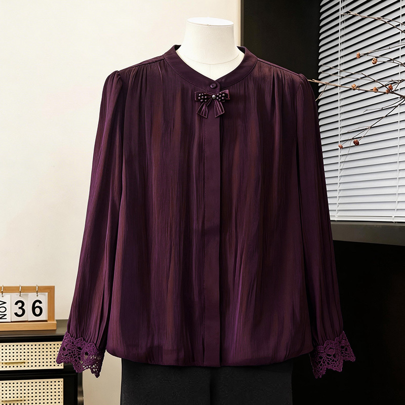 2026 Spring New Style Middle-Aged and Elderly Women's Purple Stand-Up Collar Bow Lace Shirt, Stylish and Elegant Top for Women