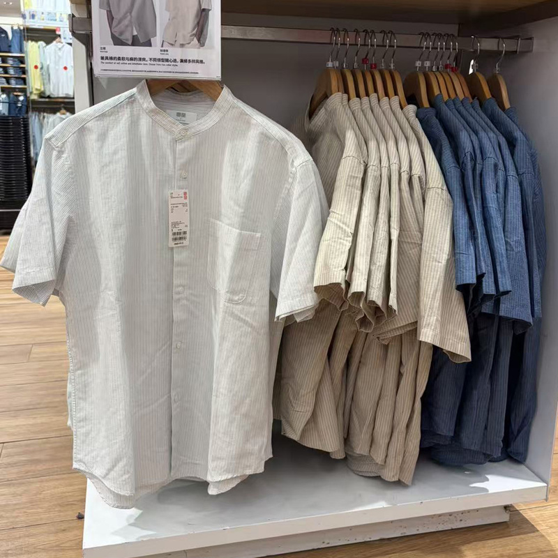 Uniqlo 482486 474529 Men's and Women's Cotton and Linen Striped Stand-Up Collar Shirt/Short-Sleeved Shirt 26 Spring/Summer