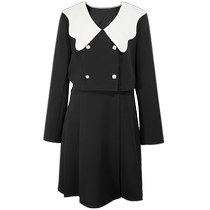 Three-color large size womens clothing 2024 spring new fake two-piece dress contrasting color double-breasted waist A-line skirt fat MM