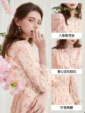 三彩 Осеннее шифоновое платье, длинная юбка, цветочный принт, V-образный вырез, высокая талия
