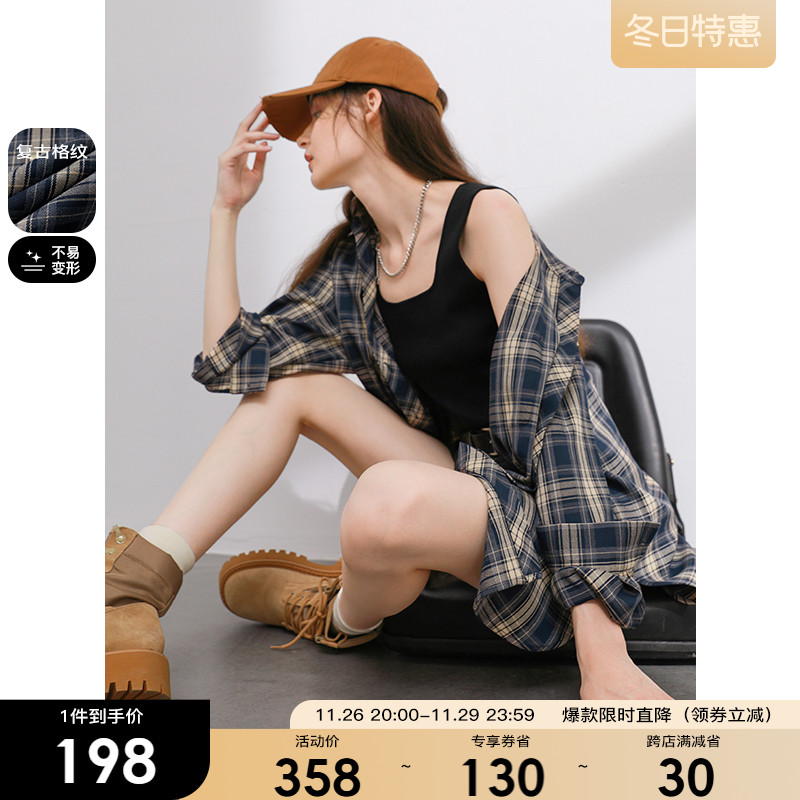 Sancai 2024 春と秋の新しいヤッピースタイルシャツルーズミッドレングスのチェックシャツカーディガンインナートップ女性のための