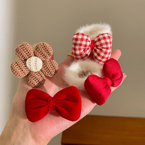 New Years Red Bow Plush Hair Band Womens Hair Rope Ball Head Ponytail Head Rope New Festive Childrens Headwear