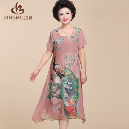 中年女夏装短袖连衣裙40岁50妈妈装短袖雪纺