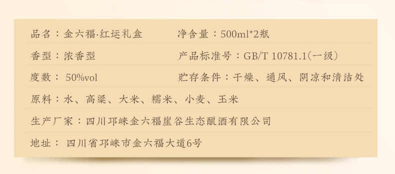 金六福 红运礼盒50度500ml*2瓶白酒年货礼盒 配礼袋 图4