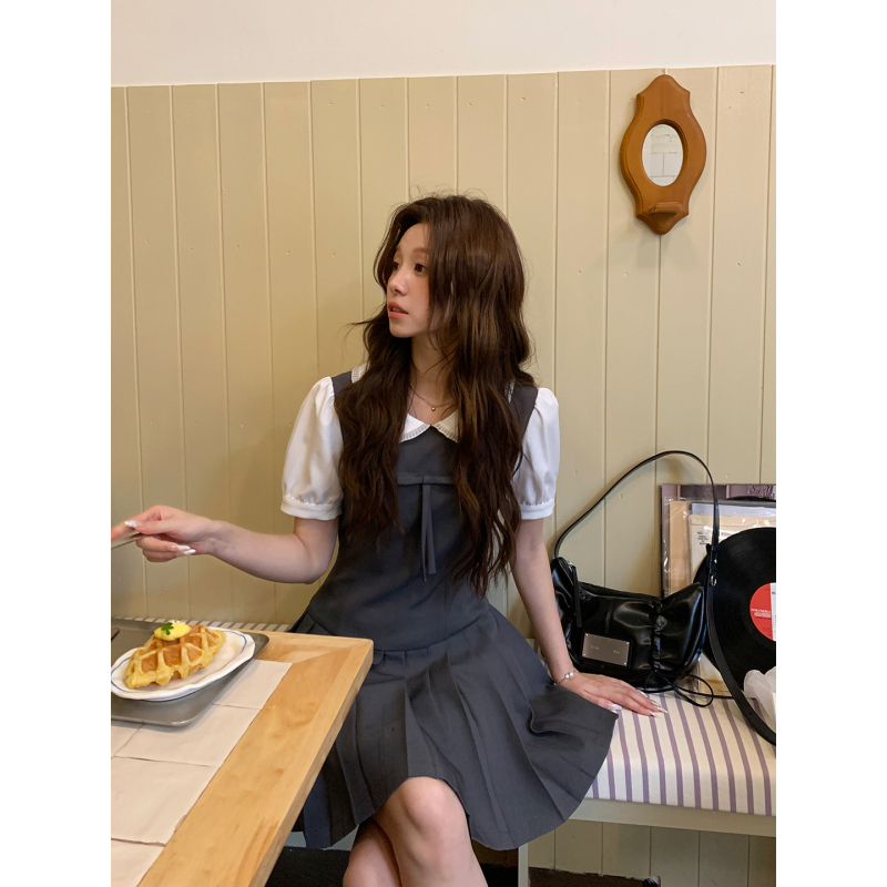 Even Yiwen【M1U Series Little Cutie】Korean Style High-Waisted Faux Two-Piece Dress with Pleated Waist, Age-Reducing Short Skirt for Summer