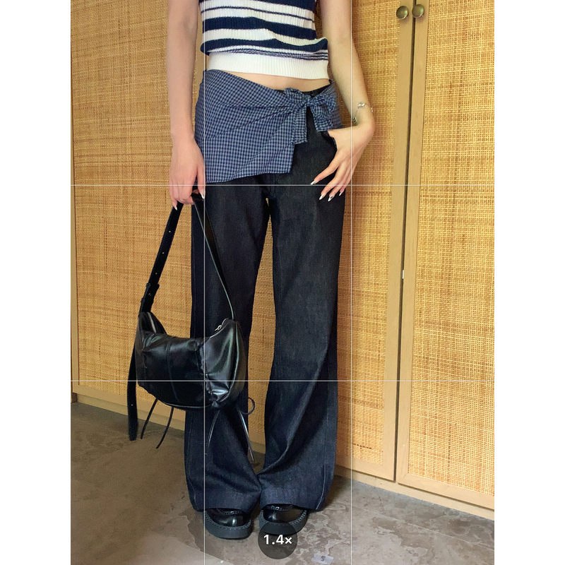 Even Yiwen [Denim Head] Korean Style High-Waisted Faux Two-Piece Denim Pants Straight-Leg Color-Block Casual Pants for Women