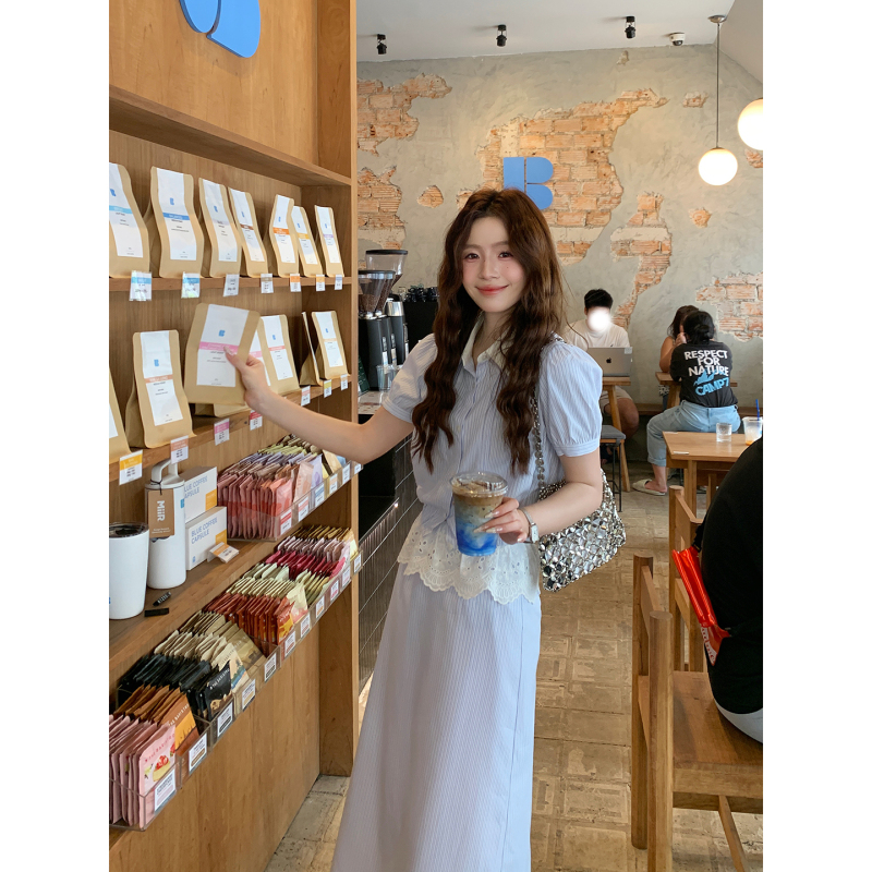 Even Yiwen [Fashion Newspaper] Korean-Style High-Fashion Top + Skirt Two-Piece Set Blue Striped Shirt Dress Set