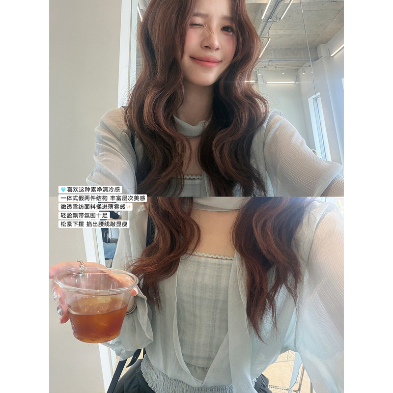 Even Yiwen【Qing Dynasty New Elite】Korean Style High-End Fake Two-Piece Waist-Cinching Top French Ribbon Chiffon Blouse for Women Even Yiwen【Qing Dynasty New Elite】Korean Style High-End Fake Two-Piece Waist-Cinching Top French Ribbon Chiffon Blouse for Women