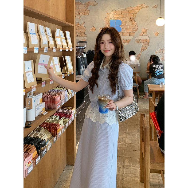 Even Yiwen [Fashion Newspaper] Korean-Style High-Fashion Top + Skirt Two-Piece Set Blue Striped Shirt Dress Set