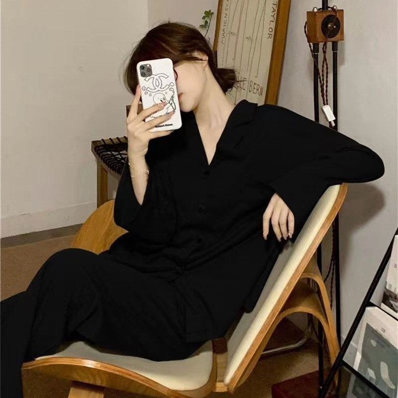 ins Style Pure Black Pajamas for Women, Spring and Autumn, Simple Internet Celebrity Style, Long-Sleeved Long Pants, Can Be Worn Outside, New Home Wear Set