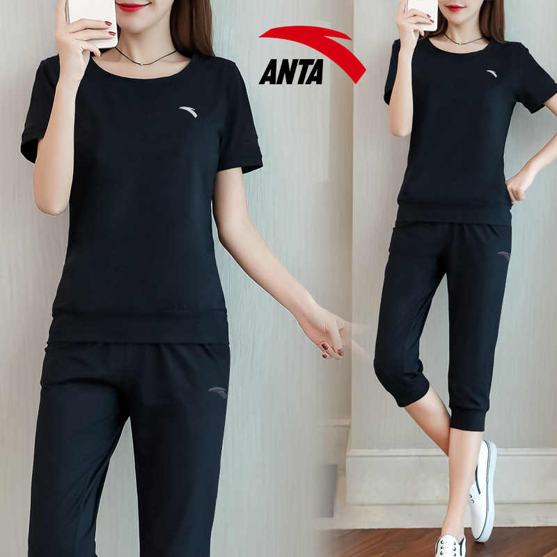 Anta sports suit official website flagship women's summer large size breathable sportswear casual suit short-sleeved cropped pants women