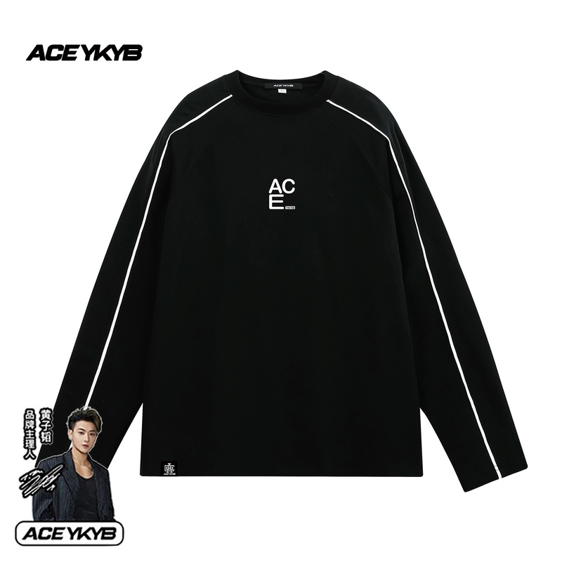 Huang Zitao's Ykyb Couple's Long-Sleeve T-Shirt with Contrasting Color Lines, Round Neck, Casual Sports Commuter Base Shirt
