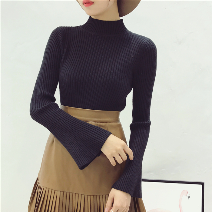 Mùa xuân phiên bản Hàn Quốc mới của áo len chui đầu cao nửa cổ tay áo kèn tay áo len nữ Slim mỏng chạm đáy đan áo cardigan nữ