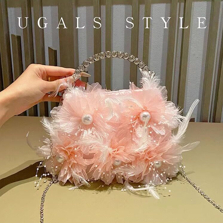 UGALS Sparkling Fairy Narcissus Flower Rhinestone Pearl Shell Half Moon Banquet Feather Dumpling Handbag/Crossbody Bag
