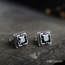 925 sterling silver earrings black agate retro pattern for men and women simple Joker personality temperament earrings ear jewelry