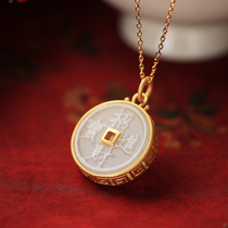 Small silver smiths recruit Caijin with pure silver ancient method gold inlaid and field jade green buckle jade pendant retro national tide necklace woman
