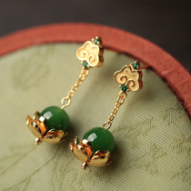Small silver cobbler pure silver ancient method gold inlaid and field jade Biyu China Wind Ruyi High Sensation Earrings Female Summer Ear Pendant Earrings
