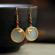 Small silversmith Chinese wind and Tian jade Ping An buckle pure silver ear ring female summer small crowdsourced senior sense light and luxurious earrings