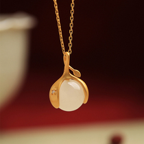 Small silver artisan pure silver plated with ancient method gold inlaid and field jade fruit pendant female jade transfer beads ancient wind lock bone chain necklace