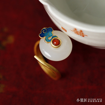 Small silver artisan original Chinese wind pure silver ancient method gold inlaid and field jade enamel Xiangyun opening retro small crowdring female