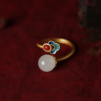 Small silver artisan pure silver ancient method gold inlaid and field jade retro Chinese wind opening ring female light extravagant and small crowdsourced design delicacy