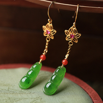 Small silver cobbler pure silver ancient method gold inlaid and field jade Chinese wind flowers long stream Subeyu earrings earrings earrings