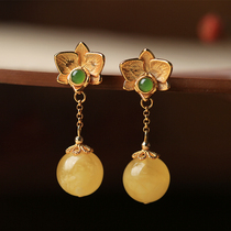 Small Silver Artisan Natural Honey Wax Amber China Wind Advanced Sensation Flowers Small Crowdsourced Pure Silver Ear Ring Female Summer Jade Earrings Pendant