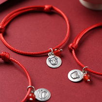 Foot silver twelve Zodiac cattle born year niche design sense red rope bracelet female male sterling silver hand-woven transfer beads