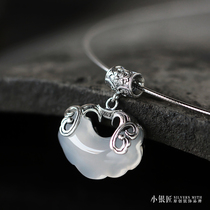 Jade on Koi sterling silver jade pendant female natural chalcedony long life lock retro auspicious cloud collarbone necklace collar Crystal