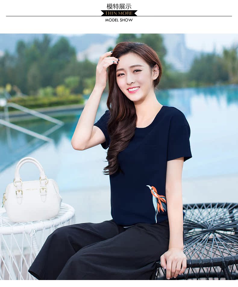Sợi lúa mì cỡ lớn cho phụ nữ 2018 mùa hè mới béo mm200 kg cổ tròn tay ngắn áo thun hoang dã giản dị quần thun dài nữ