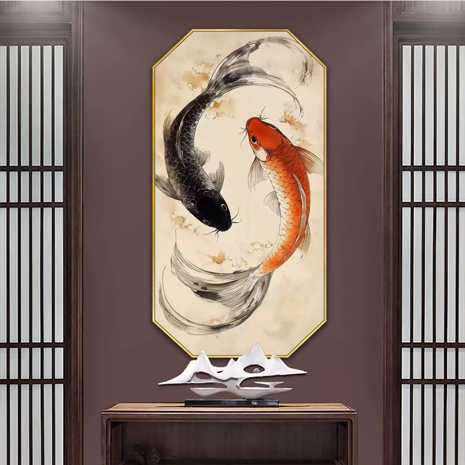 新中式太極魚裝飾畫雙魚玄關過道走廊畫壁畫八邊形水墨鯉魚掛畫-淘寶