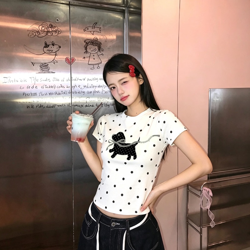 Wassup Sun American Sweet Cool Korean Style Polka Dot Puppy T-Shirt for Women, Summer Short-Sleeved Slim Fit Casual Top Trendy Wassup Sun American Sweet Cool Korean Style Polka Dot Puppy T-Shirt for Women, Summer Short-Sleeved Slim Fit Casual Top Trendy