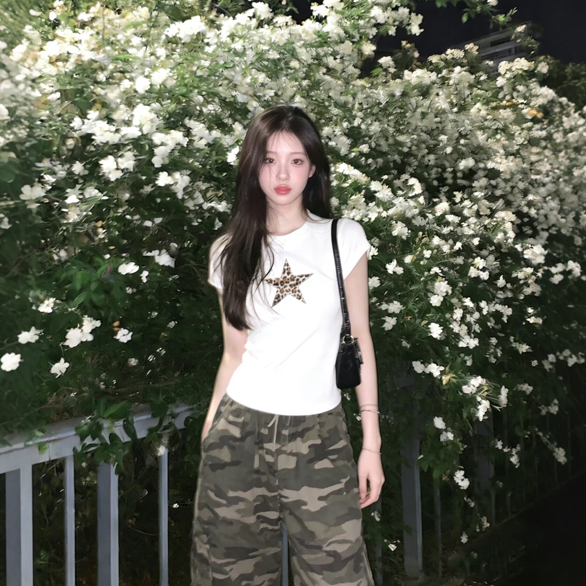 WASSUP SUN アメリカンレトロセクシーレオパードプリントスターホワイト半袖Tシャツ レディーススリムフィットファントップ