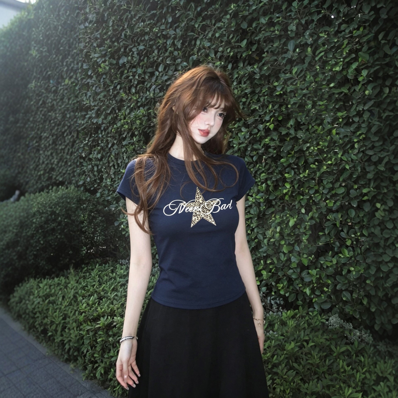 Wassup Sun American-Style Cool and Spicy Navy Blue Regular Shoulder Slim-Fit Short-Sleeve T-Shirt for Women, Round Neck, Slimming Short Top Wassup Sun American-Style Cool and Spicy Navy Blue Regular Shoulder Slim-Fit Short-Sleeve T-Shirt for Women, Round Neck, Slimming Short Top