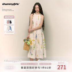 chummygirls original French retro girly print pleated A-line high-waisted halterneck long dress