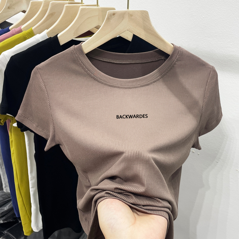 Threaded Short-Sleeved T-Shirt for Women, 2026 Summer New Style, High Elasticity, Soft and Slim-Fitting, Pure Cotton Base Shirt