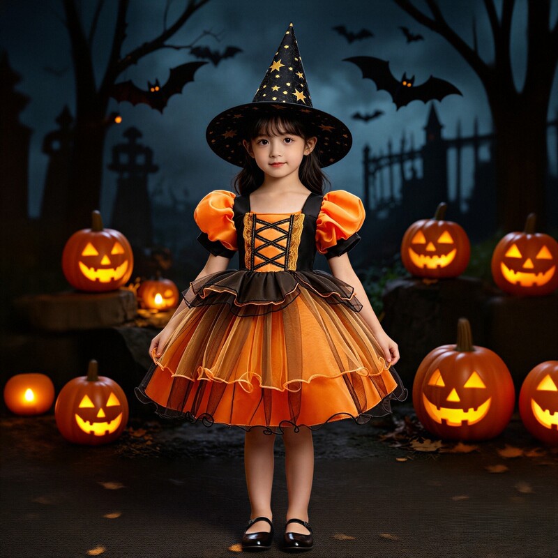 Halloween Witch Dress Kidsren's Puff Sleeve Mesh Princess Dress Cosplay Costume Girls Dress