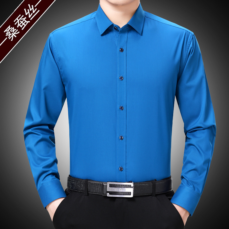 Spring and Autumn Men's Mulberry Silk Long Sleeve Shirt Plus Fertilizer Plus Size High-end Formal Dress Free Ironing Business Simple Blue Shirt