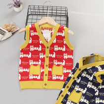  2021 autumn and winter new childrens pullover vest boys contrast color cartoon kitten vest baby pocket knitted sweater
